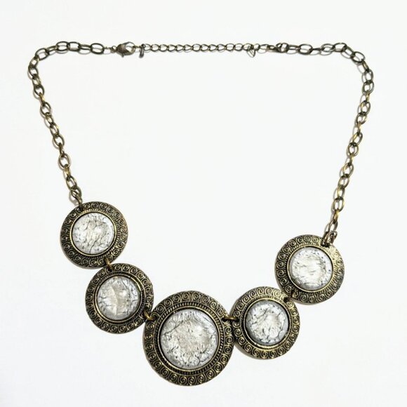 Faux Moonstone 17" Bronze Look Greek Key Trim Necklace, Appr 17" - Picture 1 of 4